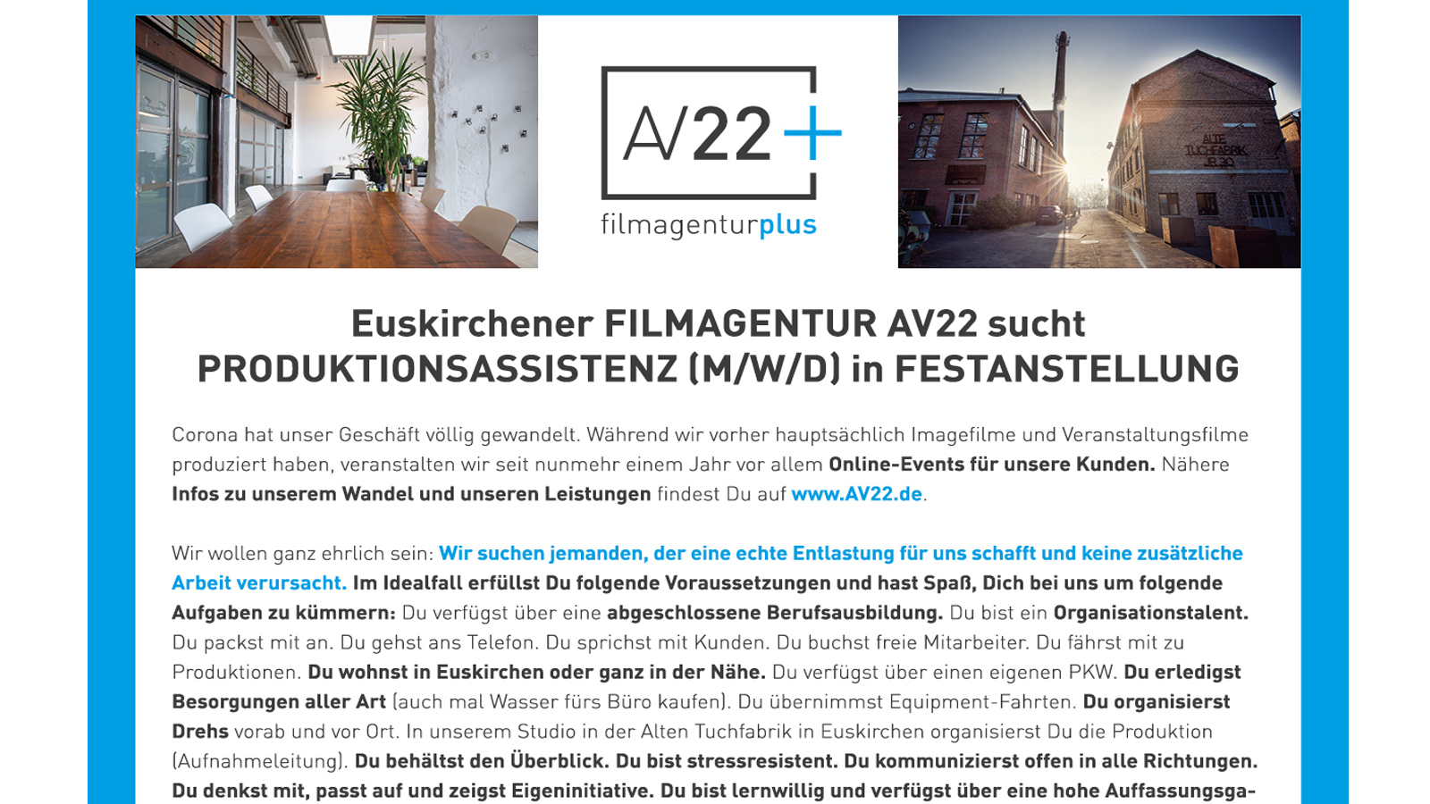 Stellenanzeige Produktionsassistenz